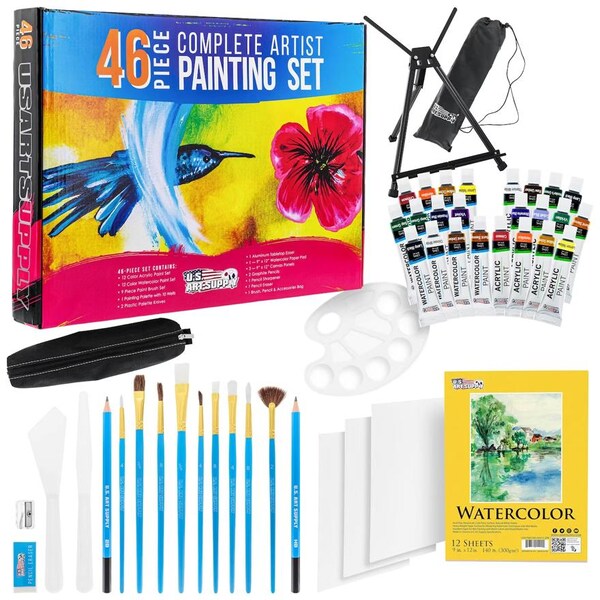 art supply kit with easel, paint, brushes and surfaces